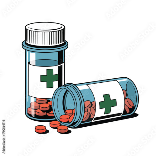 Two prescription pill bottles with pills spilling out and green cross symbols