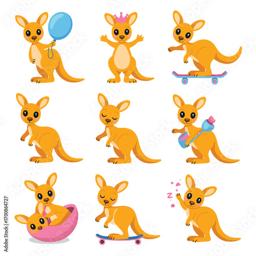 Cute cartoon kangaroos poses and activities collection