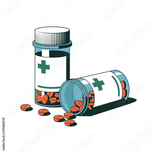 Two prescription pill bottles with red capsules spilling out