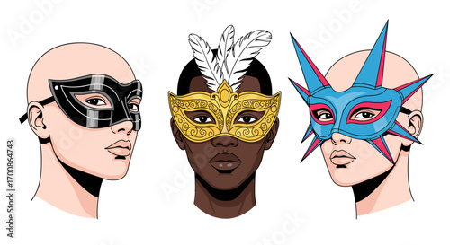 Three people wearing different masquerade masks in a cartoon illustration