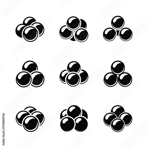 Collection of nine black cannonball piles in different arrangements