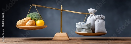 Traditional balance scale with vegetables on one side and stacks of money with a sack on the other, tilting under the weight of currency, symbolizing the rising cost of food and economic imbalance