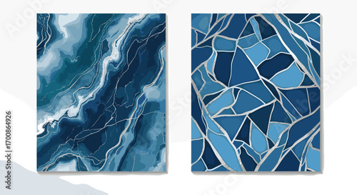 Two panels displaying blue abstract designs with marble and mosaic effects