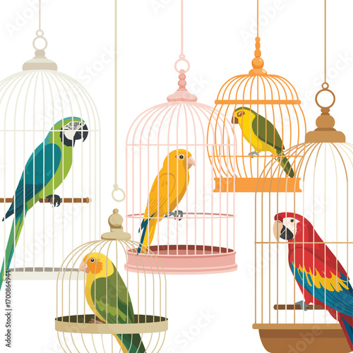 Colorful parrots and budgies in decorative cages on white background