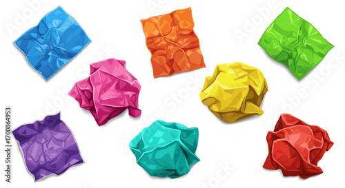 Assortment of colorful crumpled papers scattered on a white surface