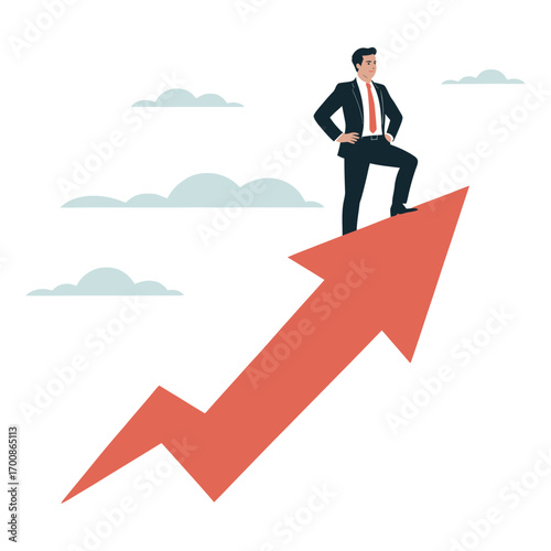 vector illustration of a businessman standing on top of a rising arrow symbolizing success and growth