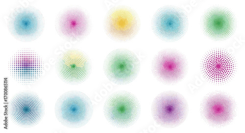 Fifteen colorful fingerprint patterns arranged on a white background space