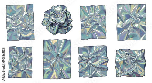 Illustration of eight pieces of crumpled silver foil on a white background