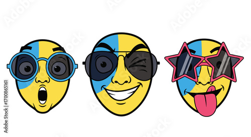 Three cartoon faces with different expressions and sunglasses variations