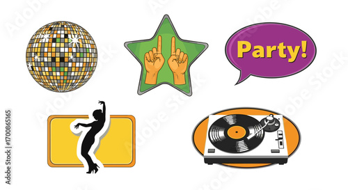 Illustration featuring disco ball, hands, party bubble, dancer, turntable