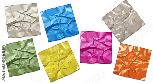 Illustration showing seven colorful crumpled sheets of paper scattered around