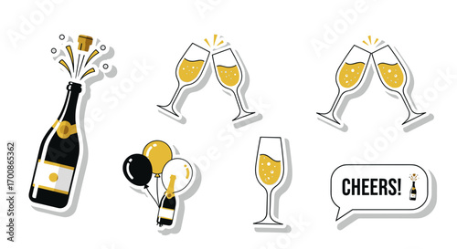 Celebratory illustration featuring champagne glasses and party balloons