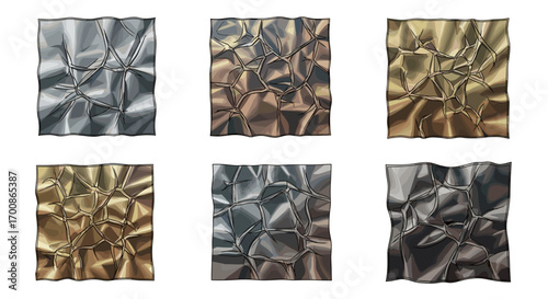 Six crumpled metallic textured rectangles in silver gold and bronze tones