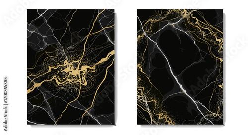 Two vertical panels showcasing black marble with gold and white veins