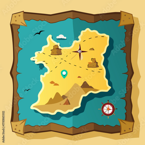 Explorer map with mountains and rocks. Cartoon vector illustration.