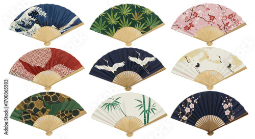 A collection of nine decorative hand fans with various designs shown off