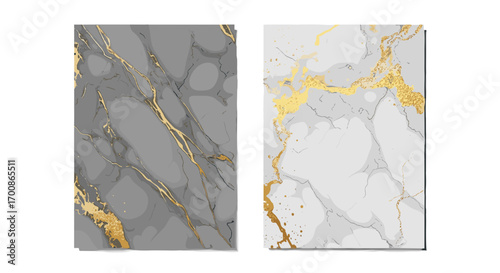 Two vertical marble slabs with gold veins on a white background design