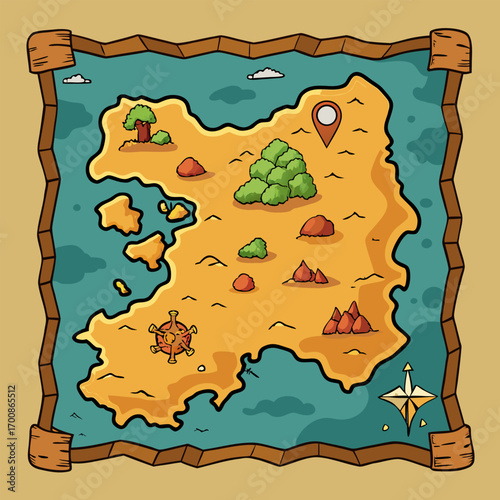 Old paper treasure hunt map for kids and games. Cartoon vector illustration.