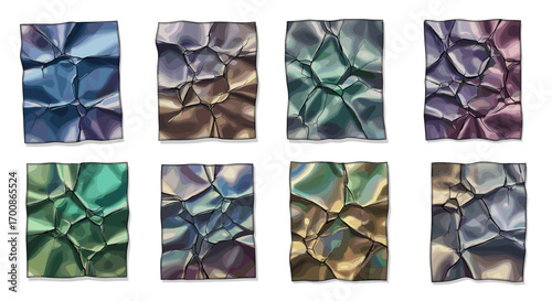 Eight colorful crumpled rectangular shapes arranged in two rows of four