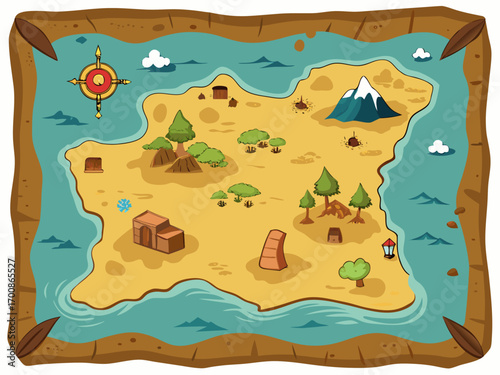Vintage treasure map with compass. Flat vector illustration.