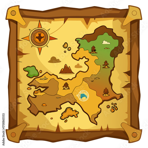 Vintage cartography style island map for adventure. Cartoon vector illustration.