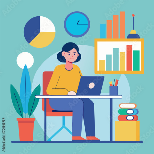 Woman analyzing data dashboard at home. Cartoon vector illustration.