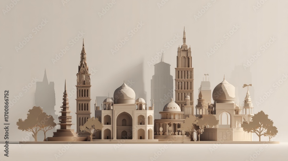 Obraz premium Beige Skyline Features Miniature Architectural Landmarks, Including the Taj Mahal and Various Towers, Set Against a Neutral Backdrop