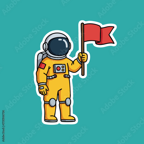 Astronaut in orange spacesuit holding red flag vector illustration on teal background with space exploration theme 