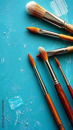 Brushes on Blue: An assortment of vibrant brushes, a top-down perspective showcases these essential tools of the artistic process, ready to bring vision to life with a single brushstroke.