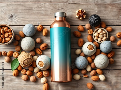 Eco-Friendly Hydration: A vibrant eco-friendly hydration bottle rests among an array of natural elements, including nuts and decorative objects, on a rustic wooden surface.