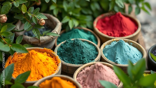 Vibrant pigments and nature's embrace: Discover a captivating collection of vibrant powders presented in exquisite wooden bowls, nestled amidst lush greenery, showcasing an array of colors