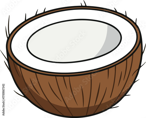 Coconut half cut with brown shell and white flesh vector illustration for tropical fruit design and healthy diet concept 