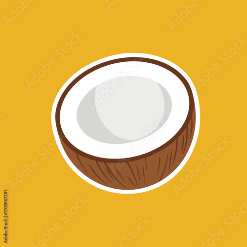Coconut half illustration with brown shell and white flesh on yellow background vector design 