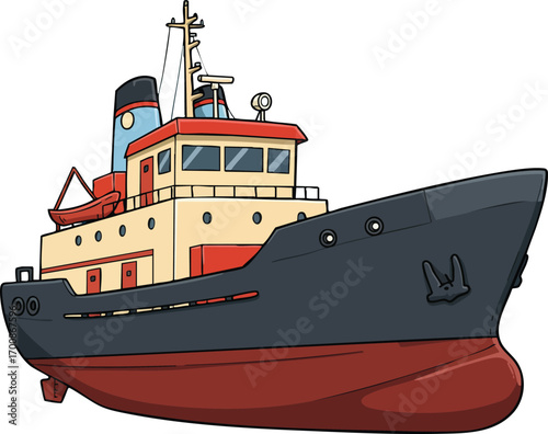 Cargo ship vector illustration with red and beige colors sailing at sea in a simple graphic style 
