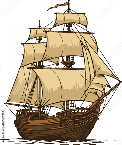Vintage wooden sailing ship with large cream sails detailed rigging and classic design vector illustration