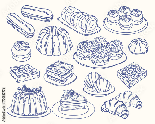  Assortment of baked goods, eclairs, cakes and pastries. Hand drawn doodle illustration.