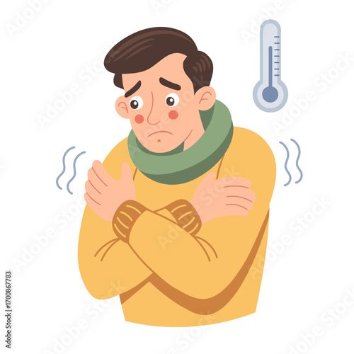 Man feels cold. Person in scarf is freezing from cold. Illustration.