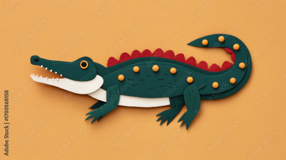 Fototapeta premium A vibrant, stylized crocodile illustration featuring bold colors and playful patterns against a warm background.