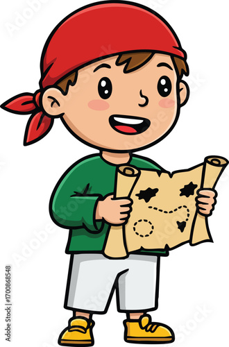Boy Pirate Holding Treasure Map Adventure Playful Cartoon Character in Red Bandana and Green Jacket 