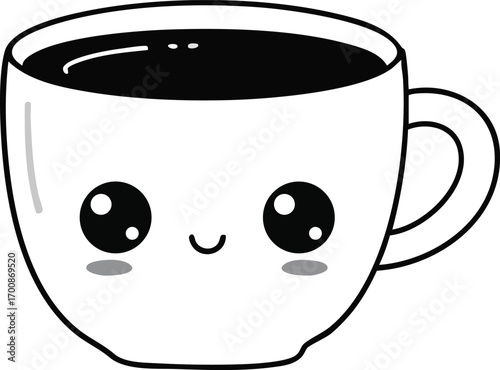 Cute coffee cup with smiling face kawaii style black and white vector illustration 