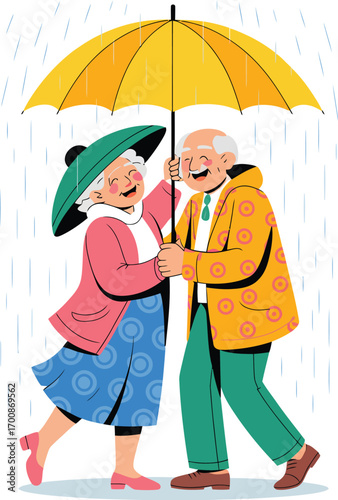 Elderly couple walking together under yellow umbrella in gentle rain illustration