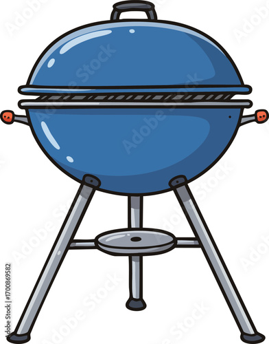 Blue round barbecue grill with tripod legs for outdoor cooking and grilling activities vector illustration 