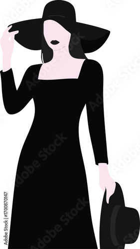 Woman in black dress and wide brim hat holding another hat stylish fashion vector illustration 