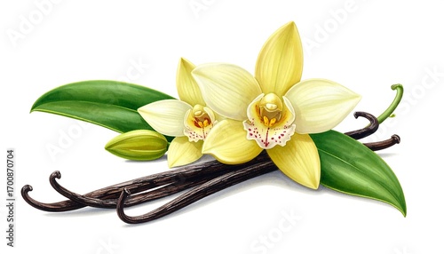 Vibrant yellow orchid blossoms and dark vanilla beans arranged beautifully against a pure white background.