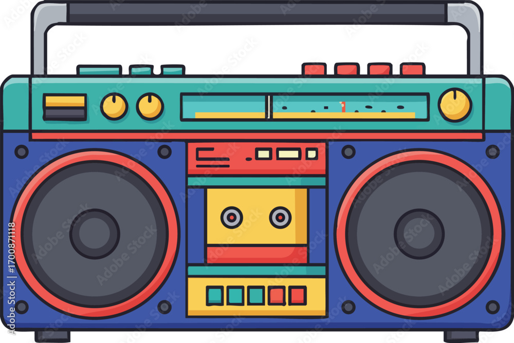 Fototapeta premium Retro boombox cassette player with colorful buttons and speakers vector illustration