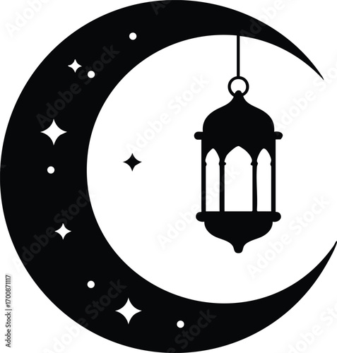 Crescent moon with hanging lantern silhouette and stars in black and white vector illustration 