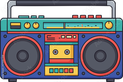 Retro boombox cassette player with colorful buttons and speakers vector illustration