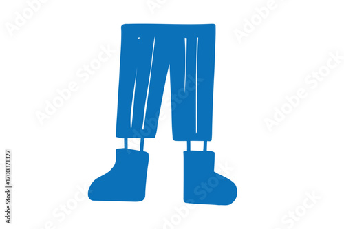Blue cartoon legs with boots on white background drawing. Boots illustration, fashion design.