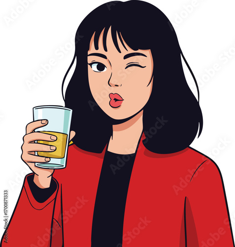 Young woman winking holding glass of orange juice in red jacket vector illustration natural expression