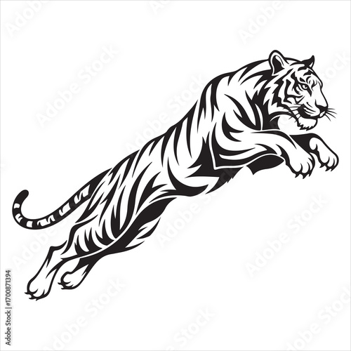 Stylized Leaping Tiger Illustration A Bold Black and White Design Showcasing Power Agility and Wild Beauty